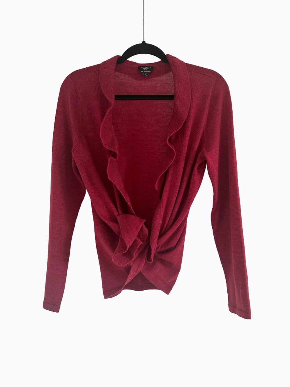 Burgundy Open Cardigan Sweater MP Italian Merino Wool Ruffle Trim Y2K 90s Preppy